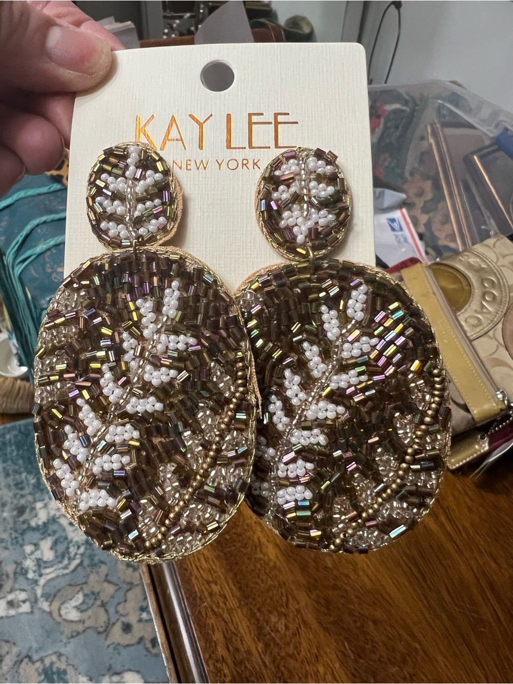 Brown and White Beaded Oval Drop Earrings